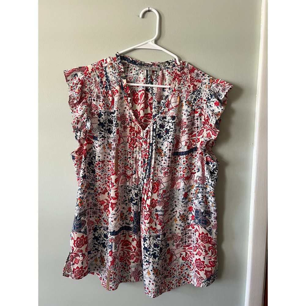 Daniel Rainn Floral V-neck Blouse Top Cap Sleeve Ruffle Women Size XL